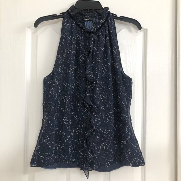 Tahari womens silk lined ruffle neck button front tank top blue medium - Picture 1 of 6